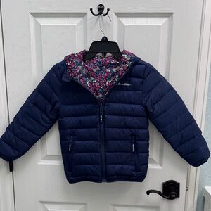 Eddie Bauer Navy Girls' Puffer Jacket with Hood and Reversible Floral  Lining